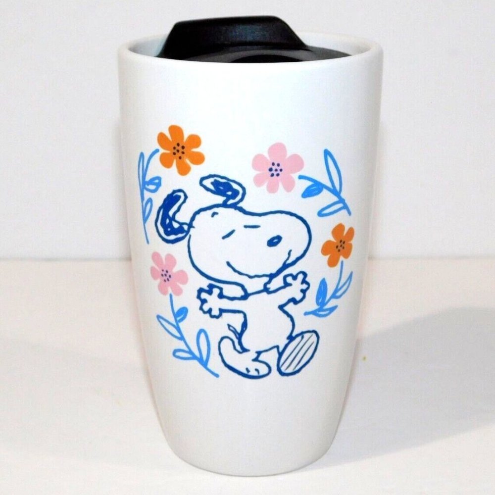 SNOOPY with Flowers Ceramic Travel Mug Tumbler Peanuts Gang White
